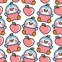 naadloos patroon van schattig pinguïn perzik fruit Aan wit achtergrond.vogel dier karakter tekenfilm ontwerp.afbeelding voor kaart, poster, schat kleding.kawaii.vector.illustratie. vector