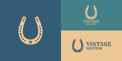 hoefijzer voor land, westers, cowboy boerderij logo ontwerp inspiratie in blauw wijnoogst kleur gepresenteerd in meerdere logo standen geschikt voor de logo van boerderij huis, vee, en anderen. vector