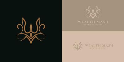 abstract eerste brief wm of mw logo in goud kroon kleur geïsoleerd in zwart achtergrond toegepast voor winkel geschiktheid studio logo ook geschikt voor de merken of bedrijven hebben eerste naam mw of wm. vector