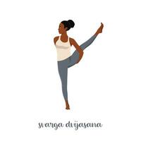 vrouw die yoga svarga dvijasana of paradijsvogel beoefent. professionele kalmte en ontspannen vrouw. platte vectorillustratie geïsoleerd op een witte achtergrond vector