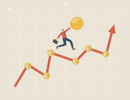 Mens met munt loopt in oplopend pijl vector