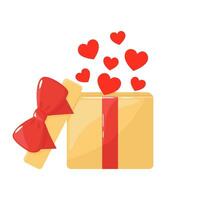 helder geschenk doos met rood boog en vliegend harten. liefde geschenk, Cadeau voor Valentijnsdag dag. vector illustratie Aan wit achtergrond. gedetailleerd tekenfilm element voor vakantie patronen, verpakking, ontwerpen