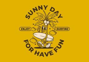 zonnig dag voor hebben plezier. mascotte karakter illustratie van kokosnoot boom Holding een surfing bord vector