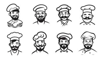 chef koken hoofd emblemen reeks silhouet hand- getrokken. pictogrammen en tekens, vector illustratie