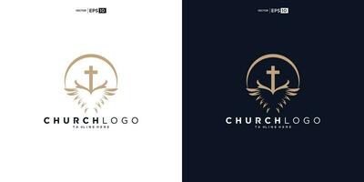 kerk logo. Bijbel, Jezus' kruis en engel Vleugels. Vleugels kerk logo ontwerp icoon. vector