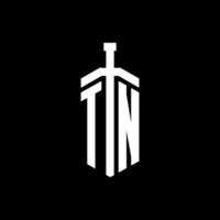 tn logo monogram met zwaard element lint ontwerpsjabloon vector