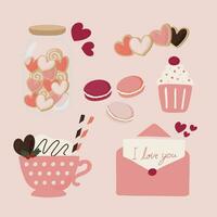 hand- getrokken vlak illustratie van schattig pastel roze sticker pak. tekening reeks van hart vorm koekje kan, gebakje, macarons, liefde brief, koekje, drankjes. voor Valentijnsdag dag, verjaardag, bruiloft concept vector