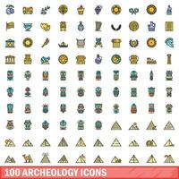 100 archeologie pictogrammen set, kleur lijn stijl vector