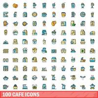 100 cafe pictogrammen set, kleur lijn stijl vector