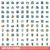 100 brandstof pictogrammen set, kleur lijn stijl vector