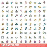 100 baby pictogrammen set, kleur lijn stijl vector