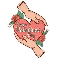 valentijnsdag dag groet kaart met handen Holding hart en rozen vector