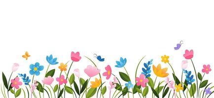 horizontaal tekenfilm banier met prachtig veelkleurig bloeiend bloemen, vlinders en bladeren grens. voorjaar of zomer botanisch vlak vector illustratie Aan wit achtergrond met leeg ruimte.