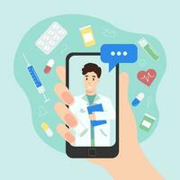 dokter online overleg. dokter Aan de telefoon overlegt online. pillen, geneesmiddelen, injectiespuiten in de omgeving van. vector illustratie