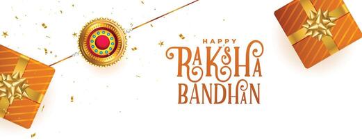 gelukkig raksha bandhan festival banier met geschenk dozen en rakhi ontwerp vector