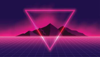 retro 80s achtergrond met neon driehoek en berg vector