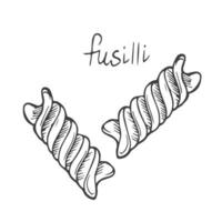 pasta fusilli schetsen. Italiaans voedsel vector illustratie. wijnoogst hand- getrokken tekening stijl. zwart lijn Koken icoon, geïsoleerd wit achtergrond. biologisch pasta fusilli, kurketrekker vorm gegraveerde grafisch kunst