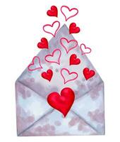 Open envelop met vliegend rood harten. Valentijnsdag dag, moeder dag. markeerstift illustratie in waterverf stijl. voor vakantie en bruiloften, verloving berichten. brief sjabloon. hand- getrokken kunst. vector