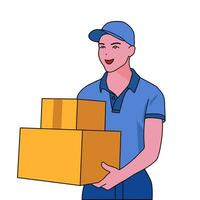 een levering Mens, draag- twee dozen. een koerier behandeling en leveren pakketten. vector