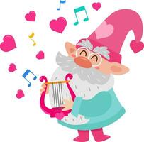 schattig Valentijn gnoom tekenfilm karakter zingen een liefde lied met harp vector