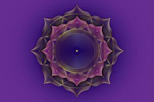 goud lotus bloem, geestelijk mandala, heilig geometrie. helder gouden lotus symbool van harmonie en evenwicht, zevende chakra. mystiek talisman, luxe ronde vector geïsoleerd Aan Purper achtergrond