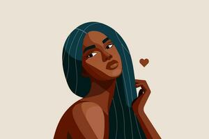 mooi Afrikaanse Amerikaans vrouw met lang haar, knuffelen zichzelf gelukkig en positief, liefde jezelf, eigenliefde en zelfzorg concept. vector illustratie.