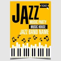 jazz- muziek- partij uitnodiging met piano sleutels en musical aantekeningen Aan geel achtergrond. vector poster of banier geschikt voor jazz- muziek- festival, leven concert of tonen en andere cultureel muziek- evenementen.