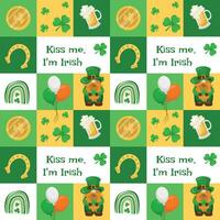 naadloos patroon voor st. Patrick dag met hoefijzers, Klaver bladeren, elf van Ierse folklore, bril van bier, munten, regenbogen. vector illustratie
