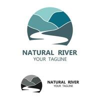 rivier- logo met combinatie van bergen en bouwland met vector concept ontwerp. logo voor veel soort van bedrijf, reizen agentschap en natuur fotograaf