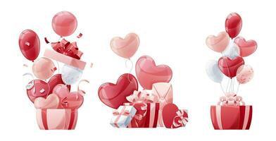 reeks van illustraties van ballonnen met geschenk dozen Aan wit achtergrond. geschikt voor ontwerpen spandoeken, groet kaarten, affiches, flyers voor Valentijnsdag dag, moeder dag, enz. vector