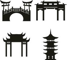 traditioneel Chinese gebouw. vlak zwart tempel. vector pictogrammen