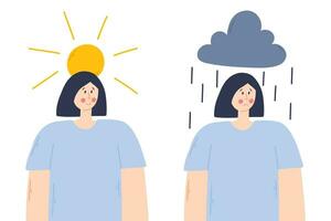 depressief vrouw met wolk en regen bovenstaand haar. jong verdrietig meisje in depressie. gelukkig meisje.vector illustratie. vector