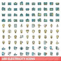 100 elektriciteit pictogrammen set, kleur lijn stijl vector