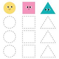 handschrift praktijk voor kinderen. spoor werkblad met vormen. cirkel, plein en driehoek. vector