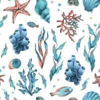 onderwater- wereld clip art met zee dieren vissen, zeester, schelpen, koraal en algen. hand- getrokken waterverf illustratie. naadloos patroon vector eps
