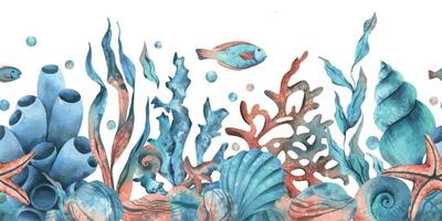 onderwater- wereld clip art met zee dieren walvis, schildpad, Octopus, zeepaardje, zeester, schelpen, koraal en algen. hand- getrokken waterverf illustratie. naadloos grens geïsoleerd van de achtergrond vector
