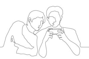 drie jongens staan en kijken Bij de telefoon dat de vent is Holding in de midden. een lijn tekening drie vrienden zijn gepassioneerd over een smartphone, ze zijn aan het kijken en luisteren vector