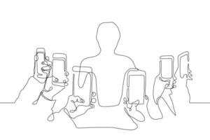 een lijn tekening in hun handen telefoons smartphones. zes handen Holding smartphones geregisseerd door camera's naar de persoon wie staat in de centrum vector