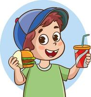 vector illustratie van een kind jongen Holding een hamburger en een Frisdrank drinken