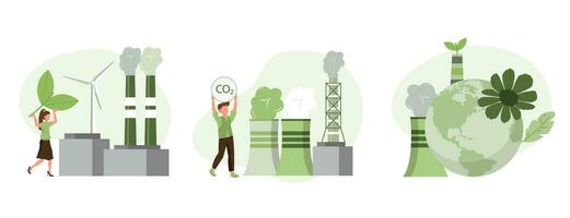 duurzaamheid illustratie set. steenkool macht station produceren co2 emissie verontreiniging en duurzame schoon fabriek met hernieuwbaar energie. klimaat verandering concept. vector illustratie.