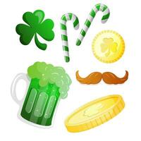 gelukkig st. Patrick dag elementen reeks met groen Klaver, oranje snor, klaver, groen ale, goud munten, groen lolly stokjes geïsoleerd Aan wit achtergrond. vector