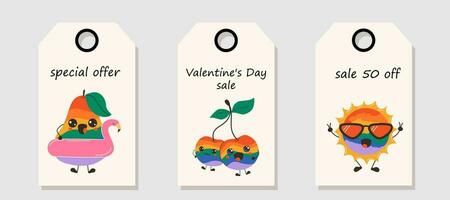 vector reeks van korting prijs labels. etiketten met schattig gelukkig grappig regenboog fruit met kawaii ogen. Valentijnsdag dag uitverkoop.