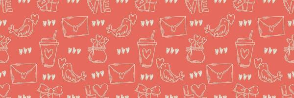 de liefde thema tekening stijl naadloos patroon, valentijnsdag dag hand getekend kleur pictogrammen met een gemakkelijk gravure retro effect. romantisch stemming, schattig symbolen en elementen achtergronden verzameling. vector