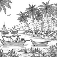 kleur boek gemakkelijk schetsen voor kinderen, illustraties van natuurlijk keer bekeken Aan de strand, Daar zijn visvangst boten, kokosnoot bomen en mangrove bomen vector