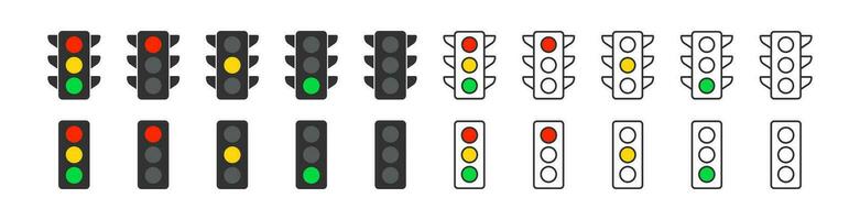 verkeer lichten icoon. stoplicht tekens. hou op in de weg symbool. straat seinpaal symbolen. regulatie pictogrammen. zwart, geel, rood, groen kleur. vector teken.