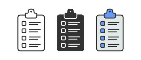 klembord icoon. checklist symbool. document test tekens. compleet werk Aan de bord symbolen. kantoor klem pictogrammen. zwart, vlak kleur. vector teken.