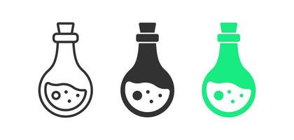 test buis icoon. laboratorium tekens. chemie wetenschap symbool. medisch fles symbolen. wetenschappelijk beker pictogrammen. zwart, groen kleur. vector geïsoleerd teken.
