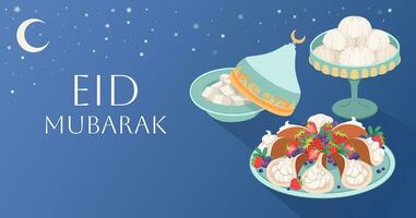 eid mubarak groet spandoek. feestelijk achtergrond met Arabisch snoepgoed en thee. traditioneel voedsel voor vakantie van eid al geschikt. pannekoeken, Turks vreugde. zoet gebakjes met room. vector vlak illustratie.