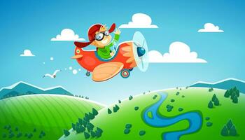 tekenfilm kind jongen piloot vliegend Aan vlak of vliegtuig vector