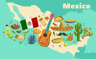 Mexico kaart met vlag, voedsel en musical instrumenten vector